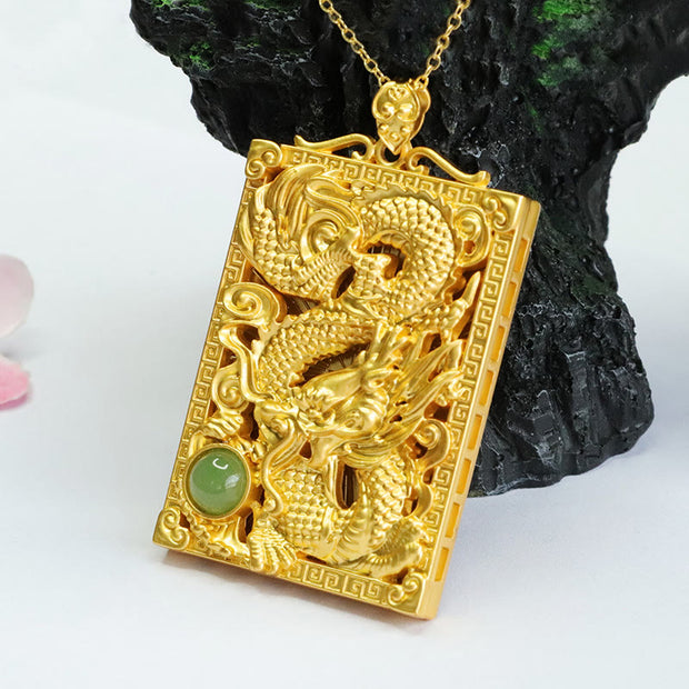 Buddha Stones Dragon Gold Plated Copper Hetian Jade Strength Necklace Pendant