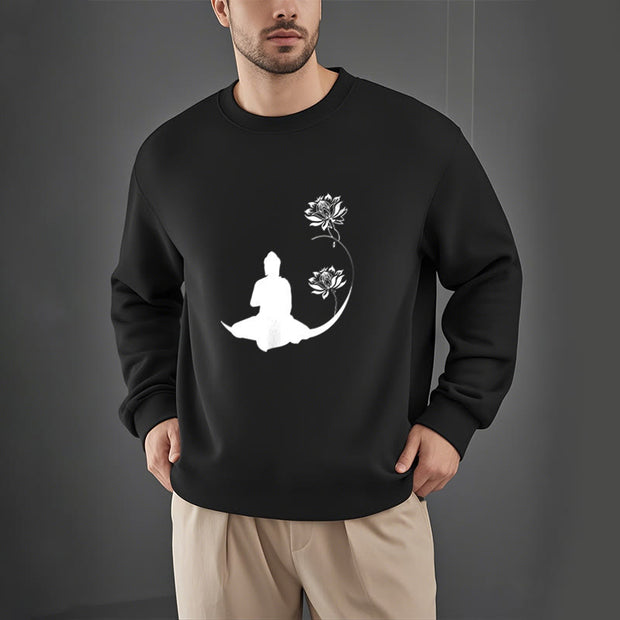 Buddha Stones Buddha Sitting With Lotus Flowers Pattern Fleece Lined Sweatshirt