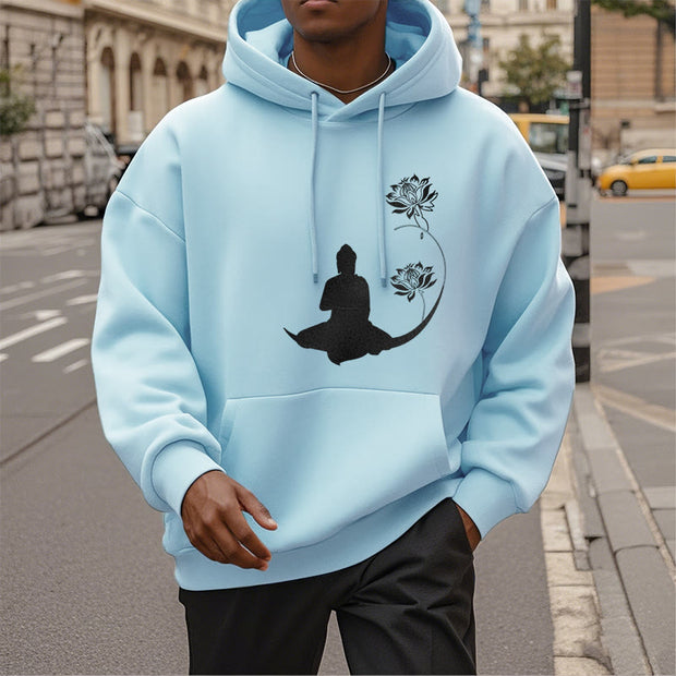 Buddha Stones Buddha Sitting With Lotus Flowers Pattern Fleece Lined Hoodie