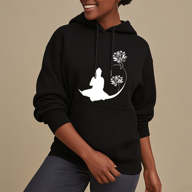 Buddha Stones Buddha Sitting With Lotus Flowers Pattern Fleece Lined Hoodie