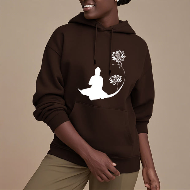 Buddha Stones Buddha Sitting With Lotus Flowers Pattern Fleece Lined Hoodie