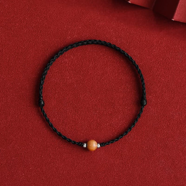 Buddha Stones Natural Peach Wood Bead Luck Braided Bracelet