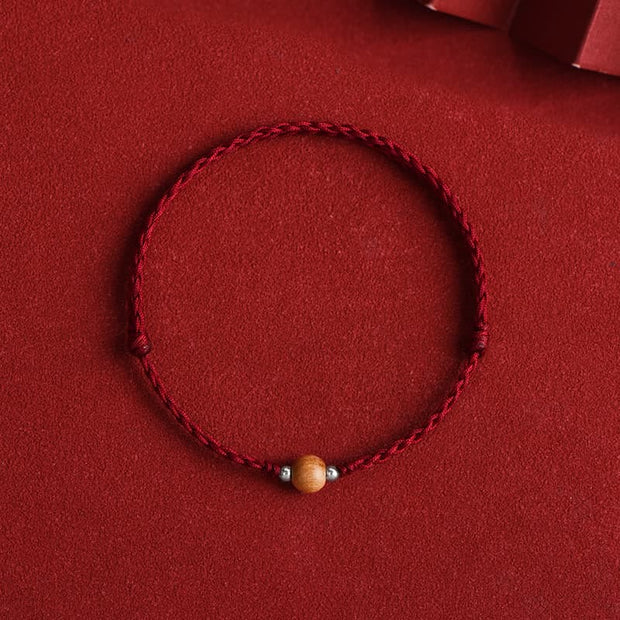 Buddha Stones Natural Peach Wood Bead Luck Braided Bracelet Anklet Bracelet Anklet BS Dark Red Rope 6mm Anklet(Circumference 17-30cm)