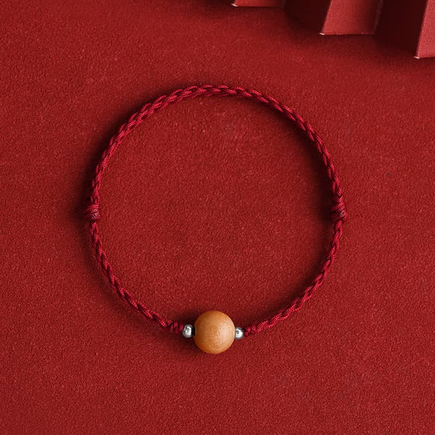 Buddha Stones Natural Peach Wood Bead Luck Braided Bracelet Anklet Bracelet Anklet BS Dark Red Rope 10mm Anklet(Circumference 17-30cm)