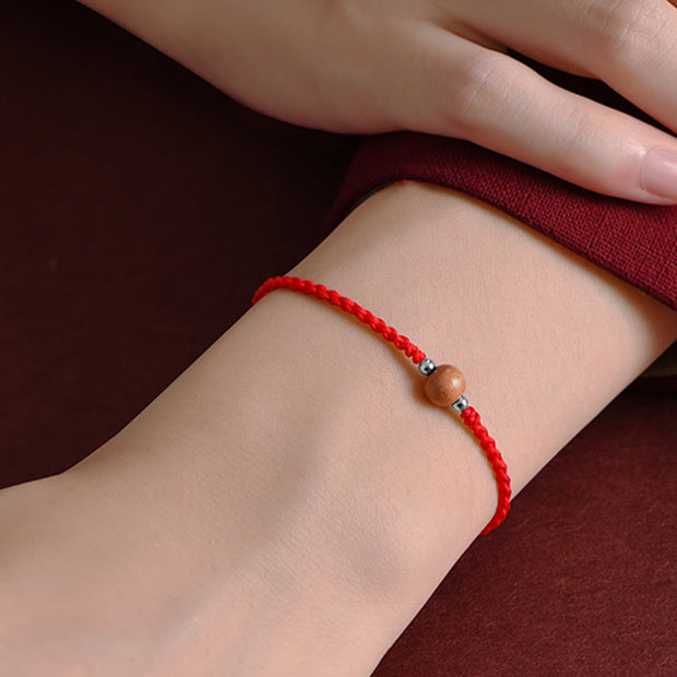 Buddha Stones Natural Peach Wood Bead Luck Braided Bracelet