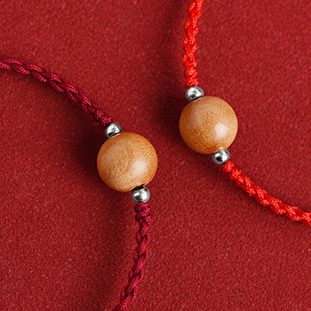 Buddha Stones Natural Peach Wood Bead Luck Braided Bracelet Anklet Bracelet Anklet BS 4