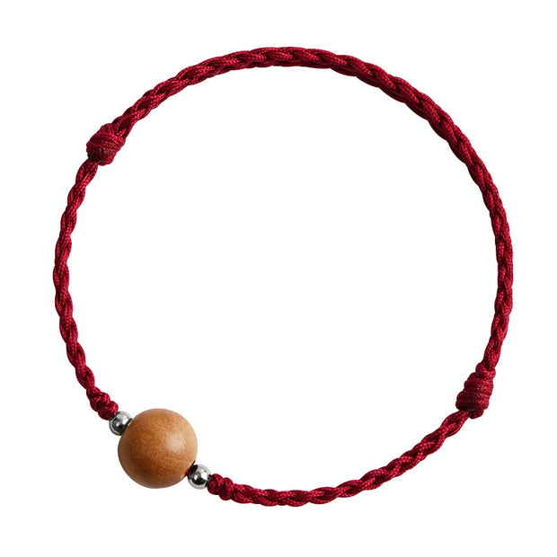 Buddha Stones Natural Peach Wood Bead Luck Braided Bracelet