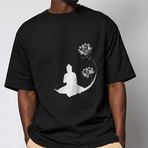 Buddha Stones Buddha Sitting With Lotus Flowers Pattern Pattern Tee T-shirt T-Shirts BS 1