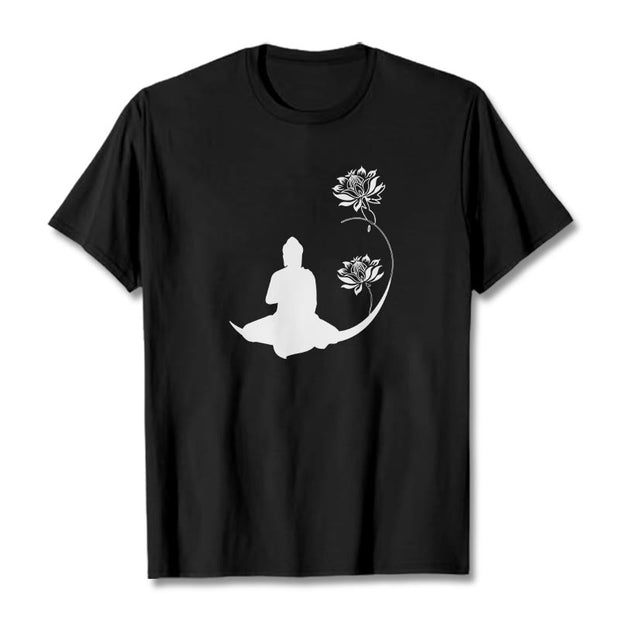 Buddha Stones Buddha Sitting With Lotus Flowers Pattern Pattern Tee T-shirt T-Shirts BS Black 2XL