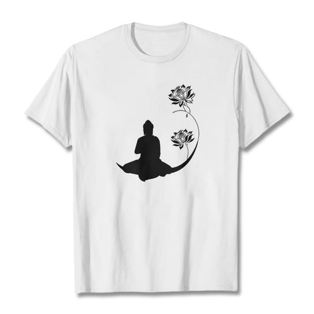 Buddha Stones Buddha Sitting With Lotus Flowers Pattern Pattern Tee T-shirt T-Shirts BS White 2XL