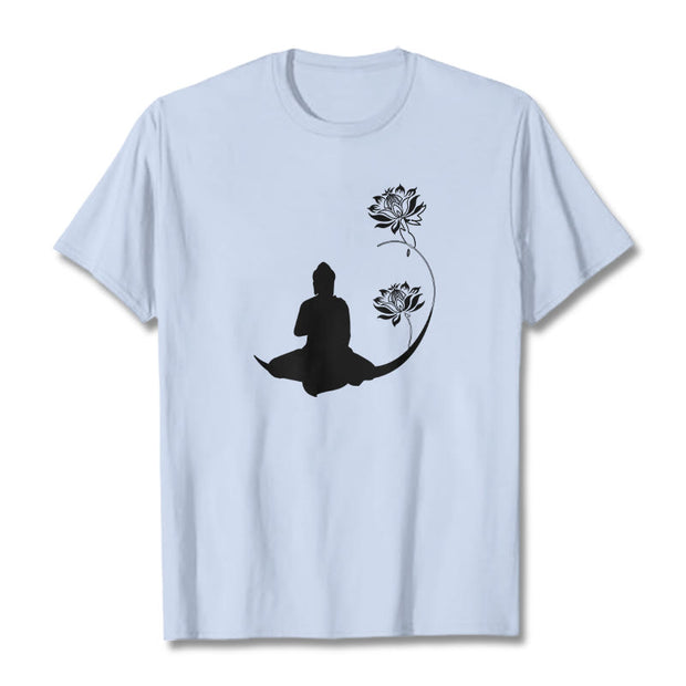 Buddha Stones Buddha Sitting With Lotus Flowers Pattern Pattern Tee T-shirt T-Shirts BS LightCyan 2XL