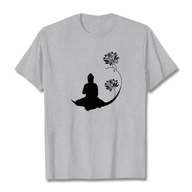 Buddha Stones Buddha Sitting With Lotus Flowers Pattern Pattern Tee T-shirt T-Shirts BS LightGrey 2XL