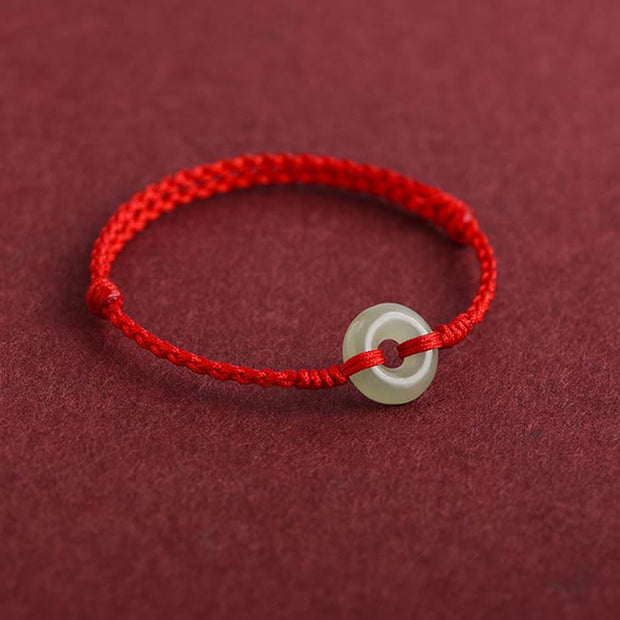 Buddha Stones Natural Hetian Jade Peace Buckle Protection Luck Braided Bracelet