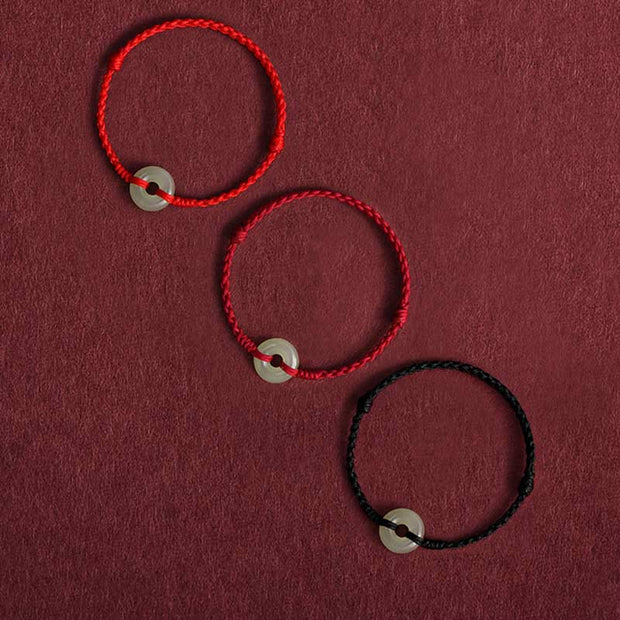 Buddha Stones Natural Hetian Jade Peace Buckle Protection Luck Braided Bracelet Anklet Bracelet Anklet BS 13