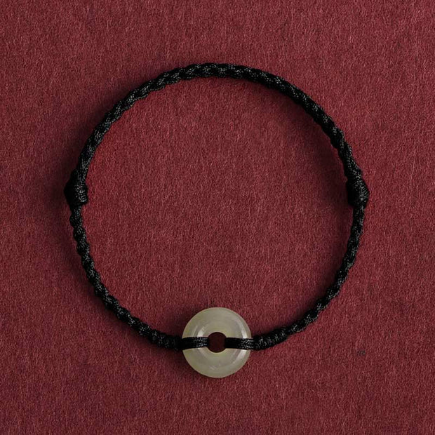 Buddha Stones Natural Hetian Jade Peace Buckle Protection Luck Braided Bracelet Anklet Bracelet Anklet BS Dark Rope Anklet(Circumference 17-30cm)