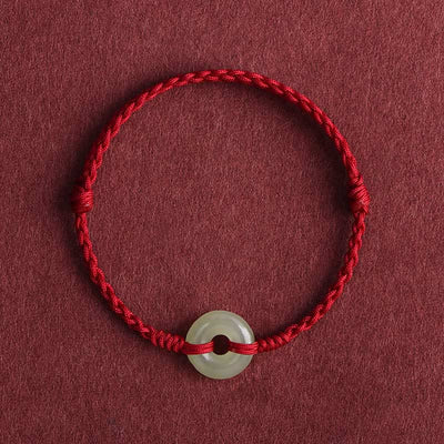 Buddha Stones Natural Hetian Jade Peace Buckle Protection Luck Braided Bracelet Anklet Bracelet Anklet BS Dark Red Rope Anklet(Circumference 17-30cm)