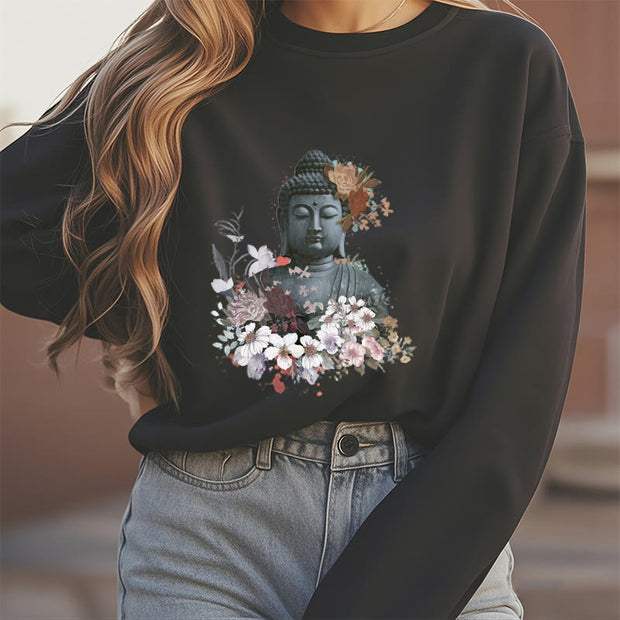 Buddha Stones Colorful Flowers Surrounding Buddha Fleece Lined Sweatshirt Sweatshirt BS 12