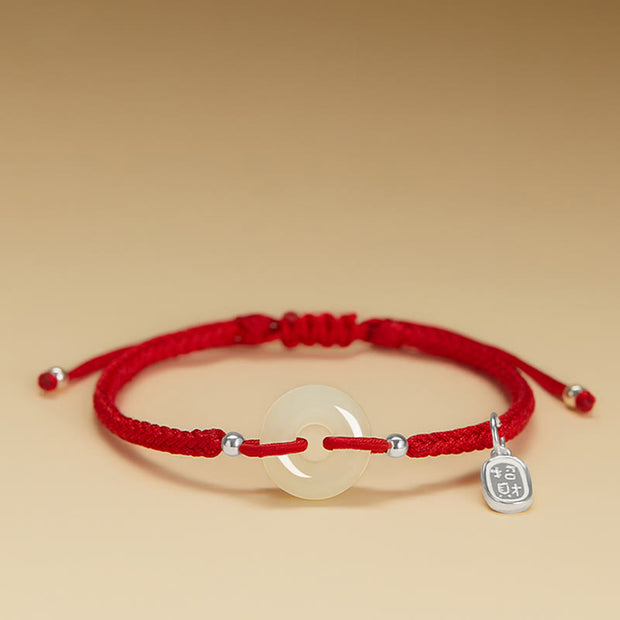 Buddha Stones Natural Hetian Jade Peace Buckle Fu Character Protection Luck Braided Bracelet