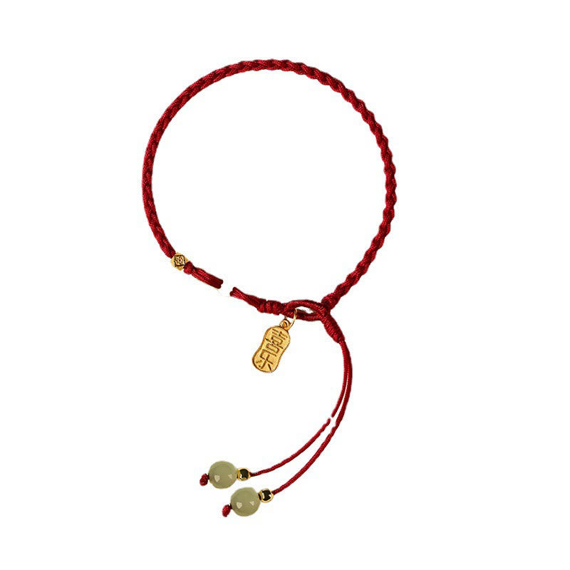 Buddha Stones Natural Hetian Jade Peace Buckle Red String Luck