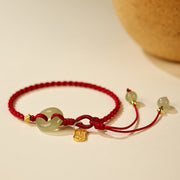 Buddha Stones Natural Hetian Jade Peace Buckle Red String Luck Braided Bracelet Bracelet BS 2