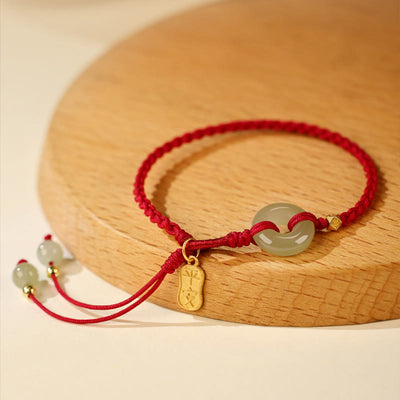 Buddha Stones Natural Hetian Jade Peace Buckle Red String Luck Braided Bracelet Bracelet BS Hetian Jade Peace Buckle (Wrist Circumference:15-20cm)-The color of Hetian jade can be deep or light.