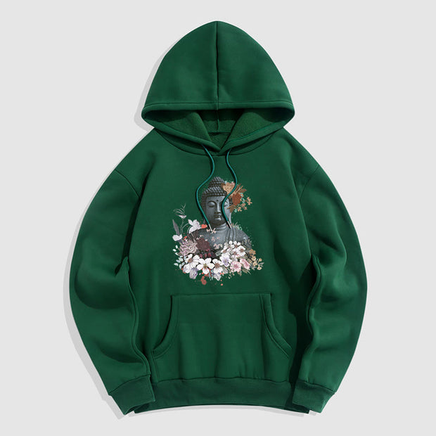 Buddha Stones Colorful Flowers Surrounding Buddha Pattern Fleece Lined Hoodie