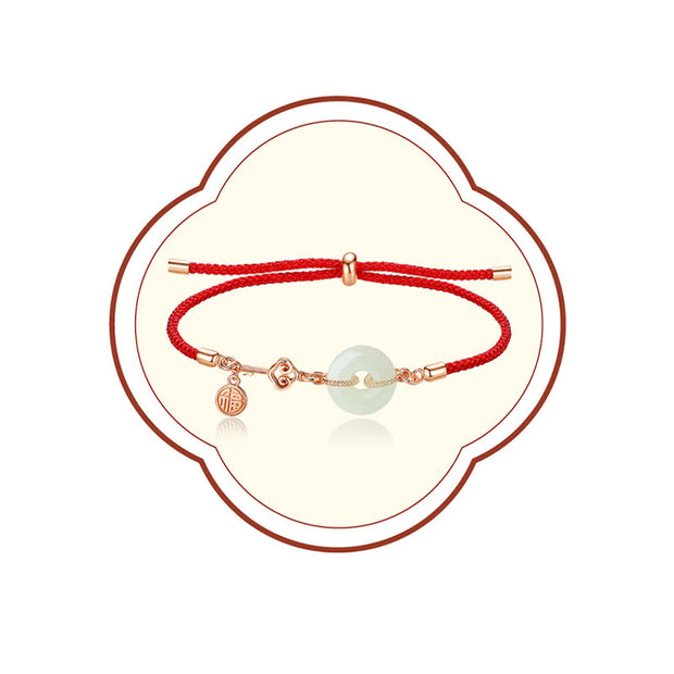 Buddha Stones Natural Hetian Jade Peace Buckle 925 Sterling Silver Red String Fu Character Protection Luck Bracelet Bracelet BS 2