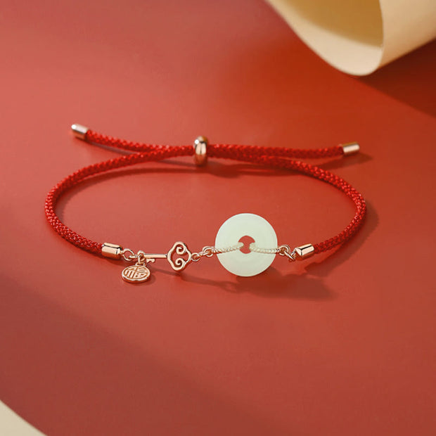 Buddha Stones Natural Hetian Jade Peace Buckle 925 Sterling Silver Red String Fu Character Protection Luck Bracelet Bracelet BS White Gold(Wrist Circumference:14-20cm)