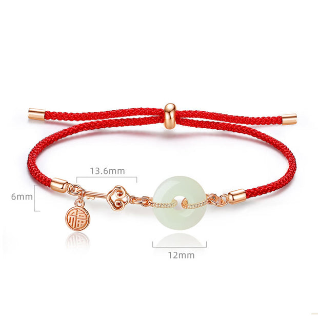 Buddha Stones Natural Hetian Jade Peace Buckle 925 Sterling Silver Red String Fu Character Protection Luck Bracelet Bracelet BS 4