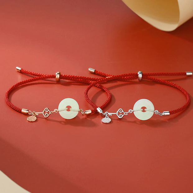 Buddha Stones Natural Hetian Jade Peace Buckle 925 Sterling Silver Red String Fu Character Protection Luck Bracelet Bracelet BS 13