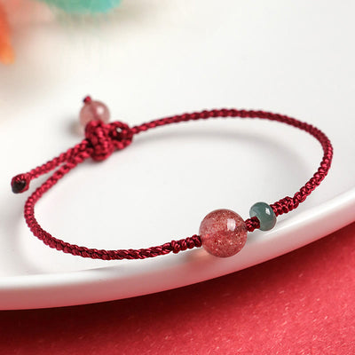 Buddha Stones Natural Strawberry Quartz Jade White Agate Red String Positive Bracelet