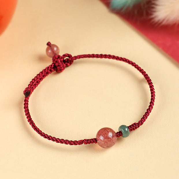 Buddha Stones Natural Strawberry Quartz Jade White Agate Red String Luck Bracelet