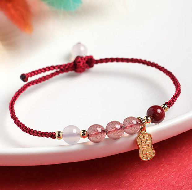 Buddha Stones Natural Strawberry Quartz Jade White Agate Red String Luck Bracelet