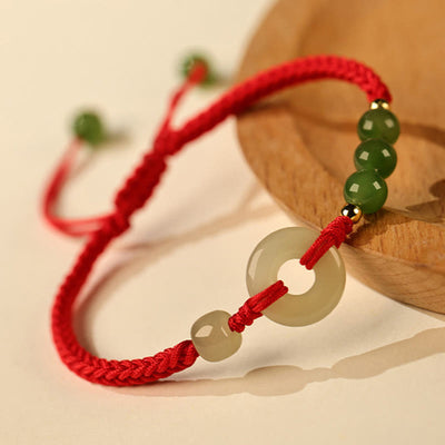 Buddha Stones Natural Hetian Jade Peace Buckle Red String Protection Luck Bracelet Bracelet BS Red Rope(Wrist Circumference:15-16cm)-The color of Hetian jade is random dark or light