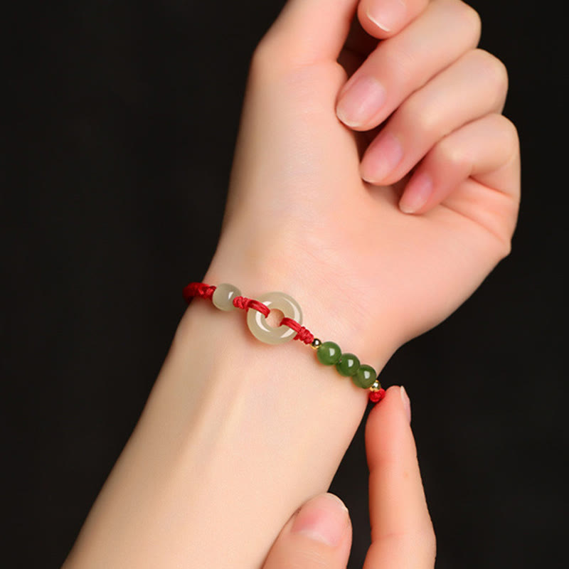Buddha Stones Natural Hetian Jade Peace Buckle Red String