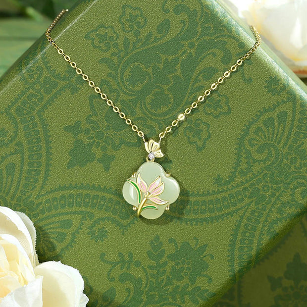 Buddha Stones 925 Sterling Silver Magnolia Butterfly Hetian Jade Four Leaf Clover Blessing Earrings Necklace Pendant Necklaces & Pendants BS Hetian Jade Necklace 925 Sterling Silver Plated 14k Gold