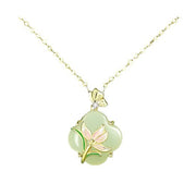 Buddha Stones 925 Sterling Silver Magnolia Hetian Jade Four Leaf Clover Blessing Necklace Pendant