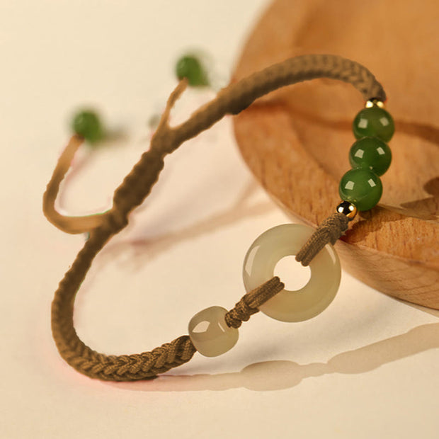 Buddha Stones Natural Hetian Jade Peace Buckle Red String Protection Luck Bracelet Bracelet BS Brown Rope(Wrist Circumference:15-16cm)-The color of Hetian jade is random dark or light