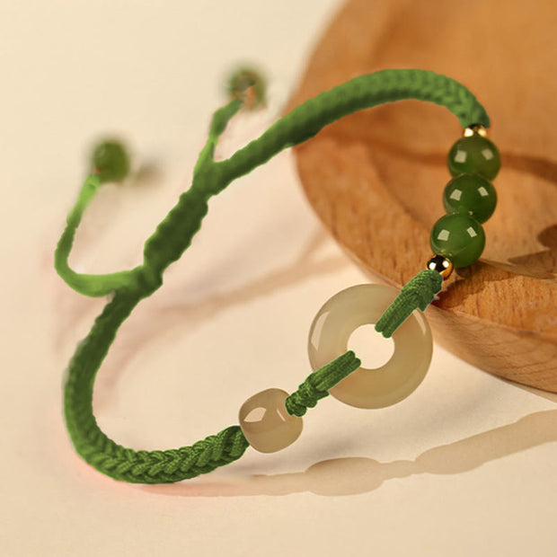 Buddha Stones Natural Hetian Jade Peace Buckle Red String Protection Luck Bracelet Bracelet BS Green Rope(Wrist Circumference:15-16cm)-The color of Hetian jade is random dark or light