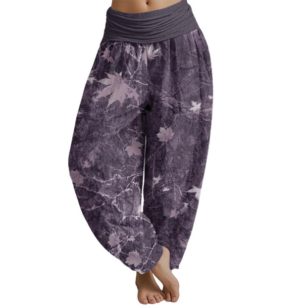 Buddha Stones Maple Leaf Pattern Women's Elastic Waist Harem Pants