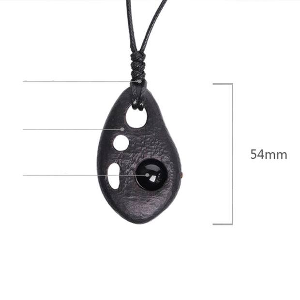 Buddha Stones Ebony Wood Hollow Inlaid Obsidian Peace Calm Necklace Pendant Necklaces & Pendants BS 4