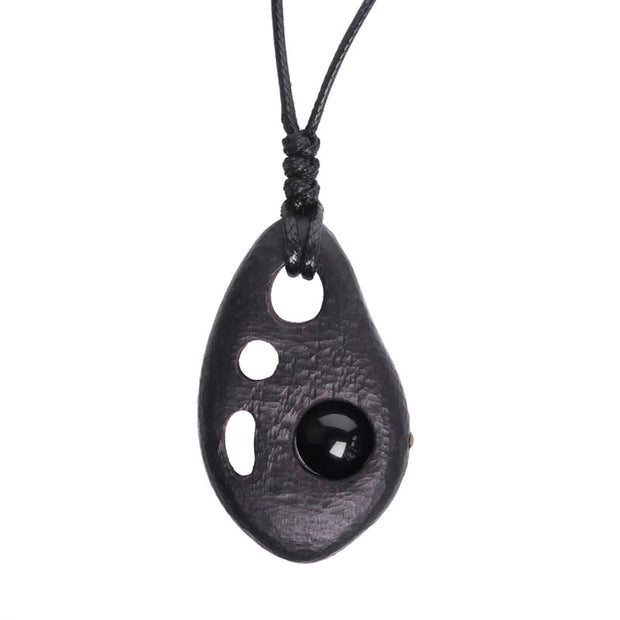 Buddha Stones Ebony Wood Hollow Inlaid Obsidian Peace Calm Necklace Pendant Necklaces & Pendants BS 7