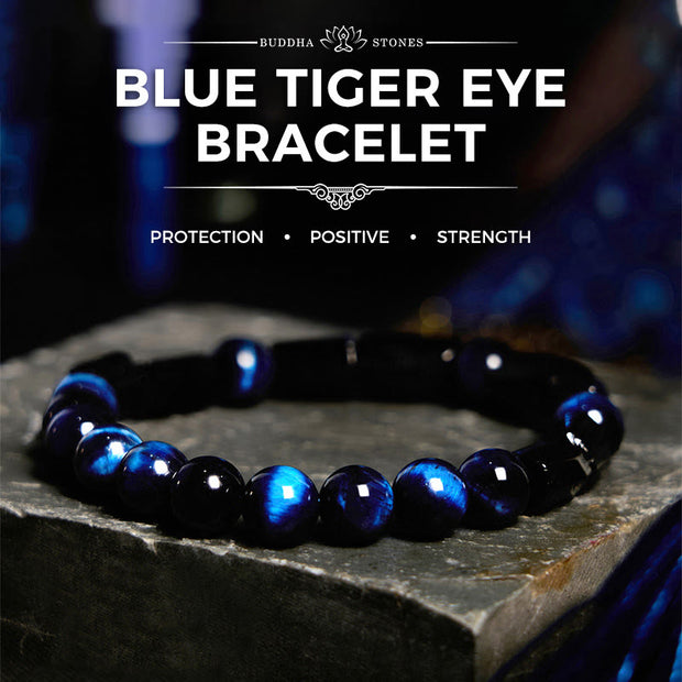 Buddha Stones Blue Tiger Eye Black Tourmaline Strength Bracelet