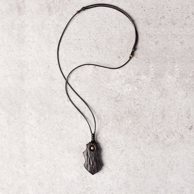 Buddha Stones Ebony Wood Obsidian Irregular Shape Copper Bead Peace Calm Necklace Pendant