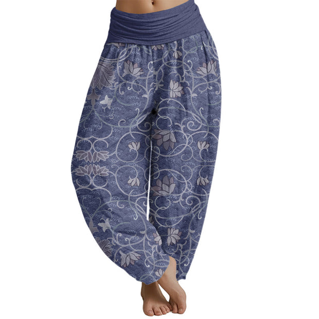 Buddha Stones Lotus Pattern Women's Elastic Waist Harem Pants