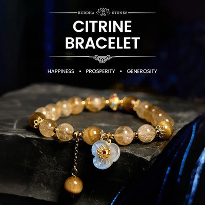 Buddha Stones Citrine Tiger Eye Flower Charm Generosity Bracelet