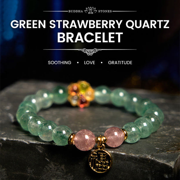 Buddha Stones Natural Green Strawberry Quartz Soothing Fu Character Bracelet