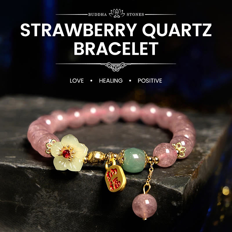 韓国 マネースタンド Strawberry Pink Clearラメ 難ありＢ級 Buddha Stones Natural Strawberry Quartz Blossom Fu Character