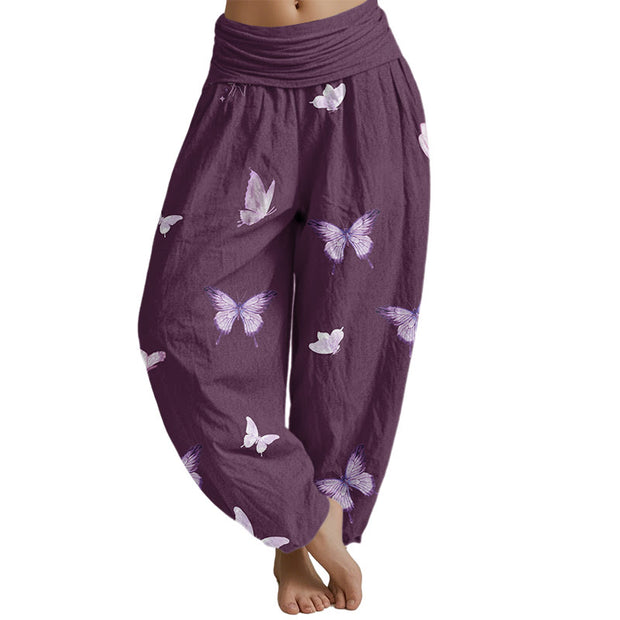 Buddha Stones Butterfly Pattern Women's Elastic Waist Harem Pants