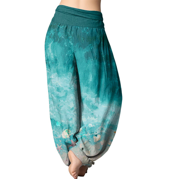 Buddha Stones Vast Ocean Pattern Women's Elastic Waist Harem Pants